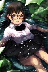 Rule 34 | 1girl, :d, absurdres, black bow, black hair, black skirt, blush, bow, bra, bra visible through clothes, breasts, brown-framed eyewear, brown eyes, collared shirt, dress shirt, feet out of frame, glasses, highres, long hair, looking at viewer, matsunaga kouyou, nose blush, open mouth, original, partially submerged, pink bra, pleated skirt, school uniform, see-through, shirt, short sleeves, sitting, skirt, small breasts, smile, solo, teeth, underwear, upper teeth only, water, wet, wet clothes, wet shirt, white shirt
