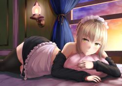 Rule 34 | 1girl, artoria pendragon (all), artoria pendragon (alter swimsuit rider) (fate), artoria pendragon (alter swimsuit rider) (second ascension) (fate), artoria pendragon (fate), bad id, bad pixiv id, bare shoulders, bikini, black jacket, black thighhighs, blonde hair, curtains, fate/grand order, fate (series), highres, hood, hooded jacket, indoors, jacket, lace, lace-trimmed skirt, lace trim, looking at viewer, lying, maid headdress, miniskirt, off shoulder, on stomach, primamiya, saber alter, short hair, skirt, solo, thighhighs, unworn bikini, window, yellow eyes