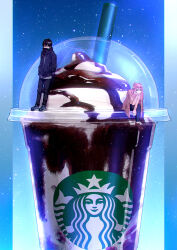 Rule 34 | 1boy, 1girl, absurdres, black hair, black pants, brown footwear, chromatic aberration, drinking straw, food focus, glasses, hand in pocket, highres, light particles, nail polish, pants, pink hair, pink sweater, ponytail, red nails, scarf, short hair, starbucks, sweater, temnama
