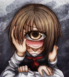 Rule 34 | 1girl, bare shoulders, blush, brown eyes, brown hair, cyclops, hand on another&#039;s face, hitomebore, monster girl, no nose, one-eyed, ray-k, scar, smile, stitches, tagme, usui sachi