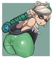 Rule 34 | + +, 1girl, ass, bare shoulders, bent over, border, clothes lift, earrings, eyebrows, female focus, from behind, green pantyhose, huge ass, inkling, jewelry, lifting own clothes, looking back, marie (splatoon), mole, mole under eye, nintendo, oasis (magnitude711), one eye closed, pantyhose, pantylines, plump, pointy ears, short hair, skin tight, skirt, skirt lift, solo, splatoon (series), splatoon 1, trefoil, white border, white hair, wide hips