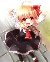 Rule 34 | 1girl, ahoge, arms up, ascot, blonde hair, commentary request, fang, grass, hair ribbon, highres, kapu (tetete8901), long sleeves, looking at viewer, open mouth, pantyhose, red eyes, ribbon, rumia, scarf, shirt, skirt, skirt set, smile, solo, touhou, vest