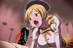 Rule 34 | 10s, 1boy, 1girl, ^^^, blonde hair, breasts, butcha-u, charlotte (madoka magica), drill hair, drooling, fellatio, hat, head out of frame, hetero, irony, large breasts, lowres, mahou shoujo madoka magica, mahou shoujo madoka magica (anime), mami mogu mogu, open mouth, oral, parody, penis, role reversal, saliva, sexually suggestive, spoilers, tomoe mami, tongue, tongue out, twin drills, twintails, yellow eyes