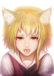 Rule 34 | 1girl, animal ear fluff, animal ears, asymmetrical hair, blonde hair, brown vest, commentary request, cookie (touhou), fox ears, fox girl, highres, khn (kihana), looking at viewer, medium hair, miramikaru riran, open mouth, red eyes, shirt, sidelocks, simple background, solo, tongue, tongue out, transparent background, upper body, vest, white shirt