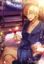 Rule 34 | 1boy, 1girl, alcohol, amuro tooru, artist name, blonde hair, blue eyes, blue kimono, blurry, bokeh, bottle, cherry, cloud, cluseller, cocktail glass, collarbone, crossed bangs, crossed legs, cup, dark-skinned male, dark skin, depth of field, drinking glass, female pov, floral print, food, fruit, glint, half-closed eyes, hands up, highres, holding, holding hands, indoors, japanese clothes, japanese text, jewelry, kimono, light particles, long sleeves, looking at viewer, meitantei conan, mint, night, on bed, petals, pool, pov, ring, sample watermark, short hair, solo focus, star (sky), table, translation request, water, watermark, wedding ring, wide sleeves, wine