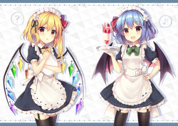 Rule 34 | 2girls, ?, apron, bat wings, black bow, black footwear, black legwear, blonde hair, blue dress, blue hair, blush, bow, closed mouth, cocktail, cocktail glass, collar, commentary request, crystal, cup, dress, drinking glass, flandre scarlet, flower, food, fruit, garter straps, green bow, green neckwear, hair between eyes, hand on own hip, hand up, hands up, hat, hat ribbon, heart, heart print, highres, jewelry, looking at viewer, maid, maid day, maid headdress, multicolored wings, multiple girls, musical note, one side up, open mouth, puffy short sleeves, puffy sleeves, red eyes, red ribbon, remilia scarlet, ribbon, ruhika, shoes, short hair, short sleeves, simple background, smile, spoken musical note, spoken question mark, standing, strawberry, thighhighs, touhou, tray, upper body, white apron, white background, white bow, white flower, wings, wrist cuffs, yellow bow, yellow neckwear