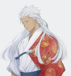 Rule 34 | 1boy, alternate hair length, alternate hairstyle, archer (fate), dark-skinned male, dark skin, emya, expressionless, fate/grand order, fate/stay night, fate (series), grey eyes, japanese clothes, kimono, long hair, male focus, manly, official alternate costume, solo, upper body, white background, white hair