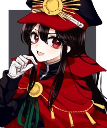 Rule 34 | 1girl, bad id, bad pixiv id, black hair, black hat, blush, border, breasts, cape, chain, crest, family crest, fang, fate/grand order, fate (series), gloves, grey background, hat, kanon (ikamiso), koha-ace, long hair, long sleeves, looking at viewer, oda nobunaga (fate), oda nobunaga (koha-ace), oda uri, open mouth, peaked cap, red cape, red eyes, sidelocks, skin fang, smile, solo, white border, white gloves