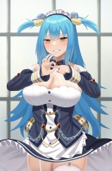 Rule 34 | 1girl, azur lane, blue hair, breasts, chain, clam, clam shell, cleavage, cleavage cutout, clothing cutout, cowboy shot, curvy, dress, fake antlers, fig sign, frilled hairband, frills, fujisawa sorao, garter straps, grin, hairband, heart, heart-shaped pupils, highres, huge breasts, large breasts, long hair, looking at viewer, maid, maid headdress, multicolored ribbon, naughty face, neptune (azur lane), ok sign, penetration gesture, purple dress, ribbon, see-through, shell hair ornament, smile, solo, standing, symbol-shaped pupils, teeth, thick thighs, thighhighs, thighs, two-tone dress, white dress, white garter straps, white thighhighs, yellow eyes