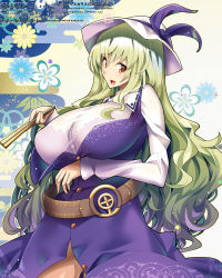 Rule 34 | 1girl, belt, bow, breasts, buttons, collared shirt, dress, gluteal fold, green hair, hat, hat bow, highres, large breasts, long dress, long hair, long sleeves, loose belt, open clothes, open dress, orange eyes, pinafore dress, purple bow, purple dress, red eyes, shirt, single strap, sleeveless, sleeveless dress, solo, thick thighs, thighs, touhou, umigarasu (kitsune1963), watatsuki no toyohime, white hat, white shirt