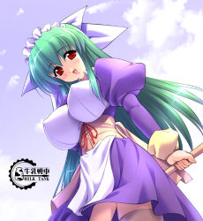 Rule 34 | 1girl, :d, apron, blush, breasts, cloud, corset, day, dress, covered erect nipples, gradient hair, green hair, gunner-l, hair ribbon, huge breasts, impossible clothes, lipstick, long hair, lunar wing, maid, maid apron, maid headdress, makeup, multicolored hair, nelly (lunar wing), open mouth, outdoors, red eyes, ribbon, sky, smile, solo, standing, thighhighs, very long hair, zettai ryouiki