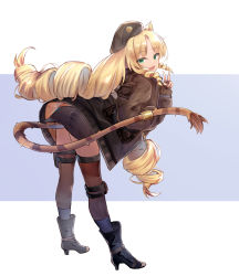 Rule 34 | 1girl, animal ears, arknights, bent over, black footwear, blonde hair, boots, brown jacket, brown thighhighs, clothes lift, drill hair, eric (tianqijiang), fingerless gloves, full body, gloves, green eyes, hat, high heel boots, high heels, highres, jacket, lifted by tail, long hair, long sleeves, looking at viewer, miniskirt, open mouth, parted bangs, peaked cap, quad drills, skirt, skirt lift, smile, standing, swire (arknights), tail, thighhighs, tiger ears, tiger girl, tiger tail, v, very long hair