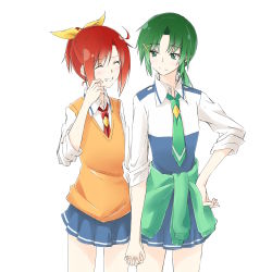 Rule 34 | 10uhou, 2girls, alternate hairstyle, bad id, bad pixiv id, blush, closed eyes, clothes around waist, cosplay, costume switch, green eyes, green hair, green necktie, hair ornament, hairstyle switch, highres, hino akane (smile precure!), holding hands, interlocked fingers, midorikawa nao, multiple girls, necktie, own hands together, personality switch, precure, red hair, school uniform, shinsono shiroko, short hair, skirt, sleeves rolled up, smile, smile precure!, standing, sweater, sweater around waist, sweater vest, tied sweater