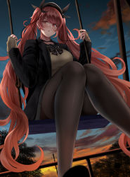 Rule 34 | 1girl, absurdres, azur lane, beret, black bow, black choker, black coat, black hat, black skirt, bow, breasts, brown sweater, choker, coat, feet out of frame, from below, hair bow, hat, highres, honolulu (azur lane), large breasts, light blush, long hair, looking at viewer, looking down, miniskirt, numaguro (tomokun0808), pantyhose, red eyes, skirt, solo, sunset, sweater, swing, tree, twintails, very long hair