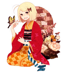 Rule 34 | 1girl, antenna hair, ao no exorcist, bad id, bad pixiv id, blonde hair, bob cut, bug, butterfly, female focus, flower, full body, green eyes, hair ornament, insect, japanese clothes, kimono, moriyama shiemi, nail polish, ono (0 no), open mouth, plant, seiza, short hair, simple background, sitting, smile, solo, white background