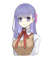 1girl breasts brown_vest collared_shirt fate/stay_night fate_(series) highres homurabara_academy_school_uniform large_breasts long_hair long_sleeves looking_at_viewer matou_sakura neck_ribbon purple_eyes purple_hair red_ribbon ribbon school_uniform shirt smile solo takustorage vest white_shirt