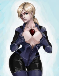Rule 34 | 1girl, blonde hair, blue eyes, body writing, bodysuit, bodysuit pull, breasts, center opening, cleavage, jewelry, jill valentine, large breasts, mind control, morana-twins, purple bodysuit, resident evil, resident evil 5, seductive smile, signature, smile, teasing, top pull, unzipped