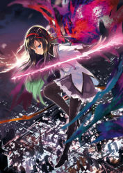 Rule 34 | 10s, 1girl, akemi homura, argyle, argyle clothes, argyle legwear, arrow (projectile), black hair, black pantyhose, blue eyes, bow (weapon), city lights, cityscape, flying, gradient hair, green hair, hair ribbon, high heels, long hair, magical girl, mahou shoujo madoka magica, mahou shoujo madoka magica (anime), multicolored hair, night, outstretched hand, pantyhose, pleated skirt, purple eyes, ribbon, shirabi, shoes, skirt, sky, solo, spoilers, sunset, weapon, wings
