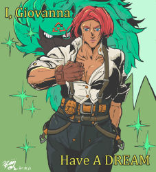 Rule 34 | 1girl, araki hirohiko (style), belt, blue eyes, breasts, brown gloves, cleavage, cleavage reach, commentary, dark-skinned female, dark skin, english commentary, english text, fingerless gloves, giorno giovanna, giorno giovanna&#039;s pose (jojo), giovanna (guilty gear), gloves, guilty gear, guilty gear strive, high-waist pants, jojo no kimyou na bouken, jojo pose, large breasts, lips, manly, name connection, pants, parody, police badge, red hair, rei (guilty gear), riffle hunter, short hair, solo focus, stand (jojo), style parody, suspenders, vento aureo, wolf