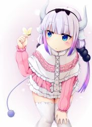 Rule 34 | 10s, 1girl, beads, black bow, black hairband, blue eyes, blunt bangs, blush, bow, bug, butterfly, butterfly sitting, capelet, dragon girl, dragon horns, dragon tail, dress, hair beads, hair bow, hair ornament, hairband, hand on own knee, horns, insect, kanna kamui, knees together feet apart, kobayashi-san chi no maidragon, leaning forward, long hair, long sleeves, monster girl, rixch, short dress, silver hair, simple background, sitting, solo, standing, tail, thighhighs, twintails, white thighhighs, zettai ryouiki