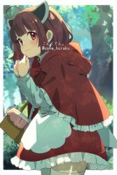 Rule 34 | 1girl, ahoge, apron, artist name, blunt bangs, blurry, blurry background, blush, border, brown hair, cloak, commentary request, cone huraku, cosplay, cowboy shot, dappled sunlight, day, dress, forest, from side, headgear, hood, hood down, hooded cloak, little red riding hood, little red riding hood (grimm), little red riding hood (grimm) (cosplay), long sleeves, looking to the side, medium hair, nature, nervous, outdoors, outside border, picnic basket, red cloak, red dress, red eyes, short dress, solo, sunlight, sweat, thighhighs, touhoku kiritan, twitter username, voiceroid, watermark, white apron, white border, white thighhighs