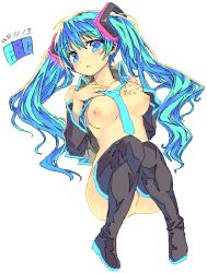 Rule 34 | 1girl, blue eyes, blue hair, blush, breasts, fbc, hatsune miku, long hair, matching hair/eyes, necktie, nipples, nude, simple background, solo, thighhighs, very long hair, vocaloid, white background