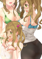 Rule 34 | 1girl, ass, bikini, blush, bra, breasts, brown hair, cleavage, dgle3370, fang, fang out, green bikini, green eyes, hair bobbles, hair ornament, highres, inuyama aoi, large breasts, multiple views, navel, open mouth, pantyhose, side-tie bikini bottom, side ponytail, skin fang, smile, swept bangs, swimsuit, thick eyebrows, thighhighs, underwear, yurucamp
