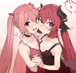 Rule 34 | 2girls, :&lt;, bare arms, bare shoulders, black dress, blue archive, blush, brown background, brown wings, closed mouth, collarbone, commentary request, crossover, curled horns, dress, eyes visible through hair, fang, gradient background, hair between eyes, heart, hidan no aria, highres, holding hands, horn hair ornament, horns, interlocked fingers, junko (blue archive), kanzaki h. aria, long hair, looking at viewer, low wings, multiple girls, open mouth, pink hair, pointy ears, red dress, red eyes, red hair, revision, sleeveless, sleeveless dress, twintails, uno ryoku, very long hair, white background, wings