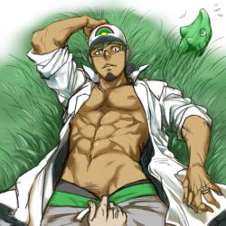Rule 34 | 2boys, bad id, bad twitter id, baseball cap, beard, beibaku, black hair, clothes pull, creatures (company), dark-skinned male, dark skin, facial hair, flying sweatdrops, game freak, gen 1 pokemon, grass, groin, hat, kukui (pokemon), lab coat, looking at viewer, lowres, male focus, male pubic hair, metapod, multiple boys, nintendo, nipples, on grass, out of frame, pants, pants pull, parted lips, pokemon, pokemon (creature), pokemon sm, pubic hair, sleeves rolled up, solo focus, sunglasses, sweatpants, yaoi