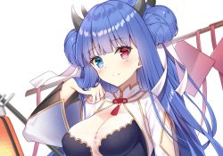 Rule 34 | 1girl, azur lane, blue eyes, blue hair, breasts, china dress, chinese clothes, cleavage, commentary request, double bun, dress, heterochromia, horns, ibuki (arrival of spring) (azur lane), ibuki (azur lane), large breasts, long hair, long sleeves, looking at viewer, red eyes, see-through, smile, solo, t@ke-g, very long hair