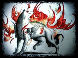 Rule 34 | amaterasu (ookami), animal focus, artist name, black border, black eyes, border, closed mouth, dated, eryz, fire, from side, full body, jpeg artifacts, leg up, ookami (game), signature, solo, standing, traditional media, white background