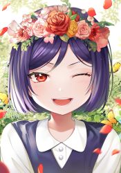 Rule 34 | aged down, bad id, bad pixiv id, bang dream!, bug, butterfly, eyelashes, flower, hair between eyes, hair flower, hair ornament, happy birthday, head wreath, insect, minori (faddy), one eye closed, open mouth, petals, pink flower, pink rose, purple hair, red eyes, red flower, red rose, rose, rose petals, seta kaoru, shirt, solo, teeth, white shirt, yellow flower, yellow rose