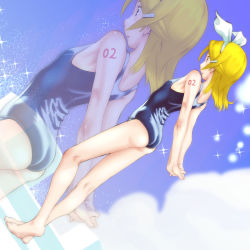Rule 34 | 1girl, arms behind back, ass, barefoot, blonde hair, hair ornament, hair ribbon, hairband, hairclip, highres, kagamine rin, legs, one-piece swimsuit, ribbon, school swimsuit, short hair, solo, soon (c-u-soon), swimsuit, tattoo, vocaloid, zoom layer