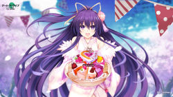 Rule 34 | 1girl, :d, artist name, bare shoulders, birthday, blurry, cake, character name, cherry blossoms, commentary, commentary request, copyright name, cowboy shot, date a live, detached sleeves, flower, food, fur-trimmed sleeves, fur trim, hair between eyes, hair flower, hair ornament, hair ribbon, happy birthday, heart-shaped cake, highres, holding, holding tray, japanese clothes, kimikimi, kimono, long hair, looking at viewer, open mouth, outdoors, pink kimono, purple eyes, purple hair, ribbon, smile, solo, tray, very long hair, yatogami tooka, yukata