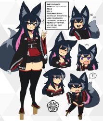 Rule 34 | 1girl, animal ears, black hair, blush, character sheet, closed mouth, d-floe, english text, closed eyes, facing viewer, fox ears, fox girl, fox shadow puppet, fox tail, grey hair, grin, highres, licking lips, long hair, looking at viewer, multicolored hair, multiple views, open mouth, original, parted lips, purple eyes, smile, speech bubble, streaked hair, tail, teeth, thick thighs, thighs, tongue, tongue out