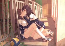Rule 34 | 2girls, absurdres, ball, bare legs, benevole, black hair, blue buruma, blue jacket, blush, breasts, brown hair, buruma, closed eyes, dappled sunlight, evening, from side, full body, gym uniform, hair behind ear, hand on another&#039;s face, hand on another&#039;s thigh, highres, jacket, jacket partially removed, kiss, kneeling, leaning forward, legs, long hair, long sleeves, medium breasts, medium hair, multiple girls, off shoulder, original, shirt, shoes, sidelocks, sitting, sneakers, socks, sunlight, thighs, volleyball, volleyball (object), white footwear, white shirt, white socks, yuri