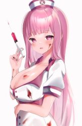 Rule 34 | 1girl, absurdres, alternate costume, bad id, bad pixiv id, black nails, blood, blood on clothes, blood on face, breasts, collared dress, commentary, dress, english commentary, halloween, hand up, hat, highres, holding, holding syringe, hololive, hololive english, large breasts, long hair, looking at viewer, looking to the side, maru ccy, mori calliope, nail polish, nurse, nurse cap, purple eyes, purple hair, short sleeves, simple background, sleeve cuffs, solo, straight hair, syringe, upper body, virtual youtuber, white background, white dress