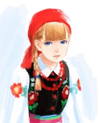 Rule 34 | 1girl, blue eyes, blunt bangs, braid, brown hair, collared shirt, flower, lips, long hair, long sleeves, looking at viewer, nazo no anime-dan, original, red flower, red headwear, shirt, slavic clothes, solo, upper body, white background