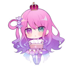 Rule 34 | absurdres, asymmetrical legwear, candy hair ornament, chibi, commentary, crown, food-themed hair ornament, gradient hair, green eyes, hair ornament, heterochromia, highres, himemori luna, himemori luna (1st costume), hololive, long hair, mismatched legwear, multicolored hair, one side up, pink hair, princess, purple eyes, purple hair, purple skirt, simple background, single hair ring, skirt, symbol-only commentary, textless version, tissue box, uehara (dormmmmir ), very long hair, virtual youtuber, wavy hair, white background