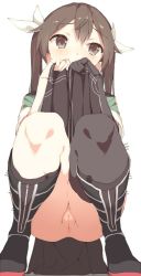 Rule 34 | 10s, 1girl, aida takanobu, anus, asymmetrical legwear, bad id, bad twitter id, brown eyes, brown hair, cleft of venus, clothes lift, elbow gloves, full body, gloves, hair ribbon, kantai collection, lifted by self, looking away, no panties, pelvic curtain, pussy, ribbon, single elbow glove, single thighhigh, skirt, skirt lift, solo, squatting, thighhighs, tone (kancolle), tone kai ni (kancolle), twintails, uncensored, uneven legwear