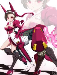 Rule 34 | 1girl, animal ears, breasts, brown hair, centaur, cleavage, cyborg, elbow gloves, fake animal ears, fiery tail, full body, gloves, highres, horse girl, joints, looking at viewer, mecha musume, medium breasts, miyo (user xstn5827), original, pointy ears, red eyes, robot joints, standing, tail, taur, white background, zoom layer