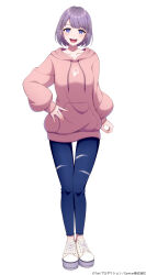 Rule 34 | 1girl, 60mai, :d, arm at side, baggy clothes, blue pants, blush, braid, character request, collarbone, copyright notice, crown braid, denim, dot nose, drawstring, earrings, full body, hand on own hip, highres, hood, hood down, hoodie, iriam, jeans, jewelry, looking at viewer, open mouth, pants, pink hoodie, purple eyes, shoes, short hair, sidelocks, simple background, single earring, smile, sneakers, solo, straight-on, teeth, torn clothes, torn jeans, torn pants, upper teeth only, virtual youtuber, watermark, white background, white footwear, ||/