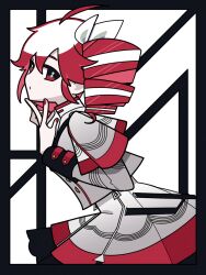 Rule 34 | 1girl, ahoge, black border, border, cowboy shot, drill hair, grey shirt, grey skirt, halftone, hand up, highres, kasane teto, leaning forward, limited palette, looking at viewer, machigami yoh, red eyes, red hair, red nails, shirt, skirt, solo, synthesizer v, twin drills