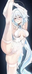 Rule 34 | 1girl, :3, absurdres, ahoge, armpits, arms up, ballerina, ballet, blue eyes, blue hair, breasts, breasts apart, cleavage cutout, clothing cutout, commentary, covered navel, drop-shaped pupils, flexible, frilled leotard, frills, furina (genshin impact), genshin impact, hair between eyes, heterochromia, highleg, highleg leotard, highres, holding leg, kneepits, leg hold, leg lift, leotard, light blue hair, long hair, looking at viewer, mismatched pupils, multicolored hair, neck garter, plantar flexion, presenting armpit, sleeveless turtleneck leotard, small breasts, solo, split, standing, standing on one leg, standing split, star (symbol), starry background, streaked hair, symbol-shaped pupils, thighhighs, thighs, tutu, very long hair, vitaminechan, white hair, white leotard