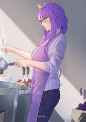 Rule 34 | 1girl, absurdly long hair, absurdres, alternate costume, apron, bespectacled, black pants, blunt bangs, blurry, bow, bowl, braid, censored, contemporary, cooking, cooking pot, depth of field, food, from side, genshin impact, glasses, hair bow, hair ornament, hair ribbon, highres, holding, holding cooking pot, holding ladle, kitchen knife, ladle, long hair, long sleeves, looking away, low-braided long hair, low-tied long hair, low ponytail, mosaic censoring, pants, purple hair, raiden shogun, ribbon, shallt, sidelocks, single braid, smile, solo, sweater, trash, trash can, turtleneck, turtleneck sweater, very long hair