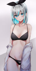 Rule 34 | 1girl, absurdres, bare shoulders, black bra, black panties, black ribbon, blue hair, bra, breasts, clothes down, collarbone, colored inner hair, commentary request, copyright request, cowboy shot, grey hair, hair ribbon, hairband, highres, medium breasts, medium hair, multicolored hair, nanashinayuzu mochi, navel, open clothes, open shirt, panties, ribbon, shirt, solo, standing, stomach, two-tone background, underwear, white shirt