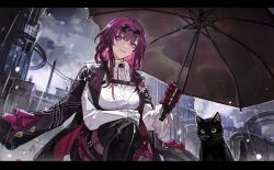Rule 34 | 1girl, absurdres, black cat, black shorts, black thighhighs, building, cat, chest harness, closed mouth, cloud, cloudy sky, collared shirt, eyewear on head, from below, gloves, harness, highres, holding, holding umbrella, honkai: star rail, honkai (series), jacket, jacket on shoulders, kafka (honkai: star rail), looking at viewer, mento, outdoors, pantyhose, pantyhose under shorts, purple-tinted eyewear, purple eyes, purple gloves, purple hair, purple pantyhose, rain, round eyewear, shirt, shorts, sky, solo, squatting, sunglasses, thighhighs, tinted eyewear, umbrella, water drop, white shirt
