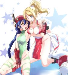 Rule 34 | 10s, 2girls, ayase eli, beret, blonde hair, blue eyes, blue hair, blush, braid, breasts, cammy white, cammy white (cosplay), cleavage, commentary request, cosplay, fingerless gloves, folding fan, gloves, green leotard, hair between eyes, hand fan, hat, highleg, japanese clothes, leotard, long hair, looking at viewer, love live!, love live! school idol project, multiple girls, one eye closed, open mouth, ponytail, shiranui mai, shiranui mai (cosplay), smile, sonoda umi, street fighter, the king of fighters, thong leotard, twin braids, urutsu sahari, yellow eyes