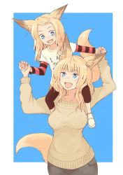 Rule 34 | :d, animal ears, batta (kanzume quality), blonde hair, blue eyes, carrying, fang, fox ears, fox girl, fox tail, hair ornament, hairclip, holding hands, long hair, mother and daughter, nib pen (medium), open mouth, original, shirt, shoulder carry, smile, striped clothes, striped shirt, sweater, tail, traditional media, wavy hair