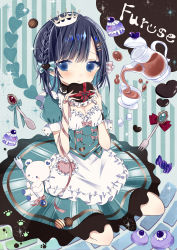 Rule 34 | 1girl, absurdres, apron, aqua dress, aqua skirt, blue eyes, blue hair, blush, breasts, candy, character request, chocolate, chocolate heart, cleavage, closed mouth, commentary request, copyright request, corset, crown, cup, dress, food, fork, frilled dress, frills, hair ornament, hair ribbon, hairclip, heart, highres, huge filesize, juliet sleeves, kotamun, lolita fashion, long sleeves, looking at viewer, macaron, mini crown, puffy short sleeves, puffy sleeves, ribbon, short hair, short sleeves, single wrist cuff, sitting, skirt, solo, spoon, striped clothes, striped skirt, stuffed animal, stuffed toy, sugar cube, sweets, tea, tea set, teacup, teapot, teddy bear, valentine, virtual youtuber, waist apron, wariza, wrist cuffs, wrist ribbon